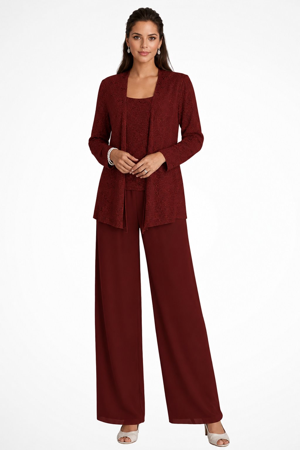 Women's Sequin Three-Piece Wide-Leg Pant Set - Burgundy