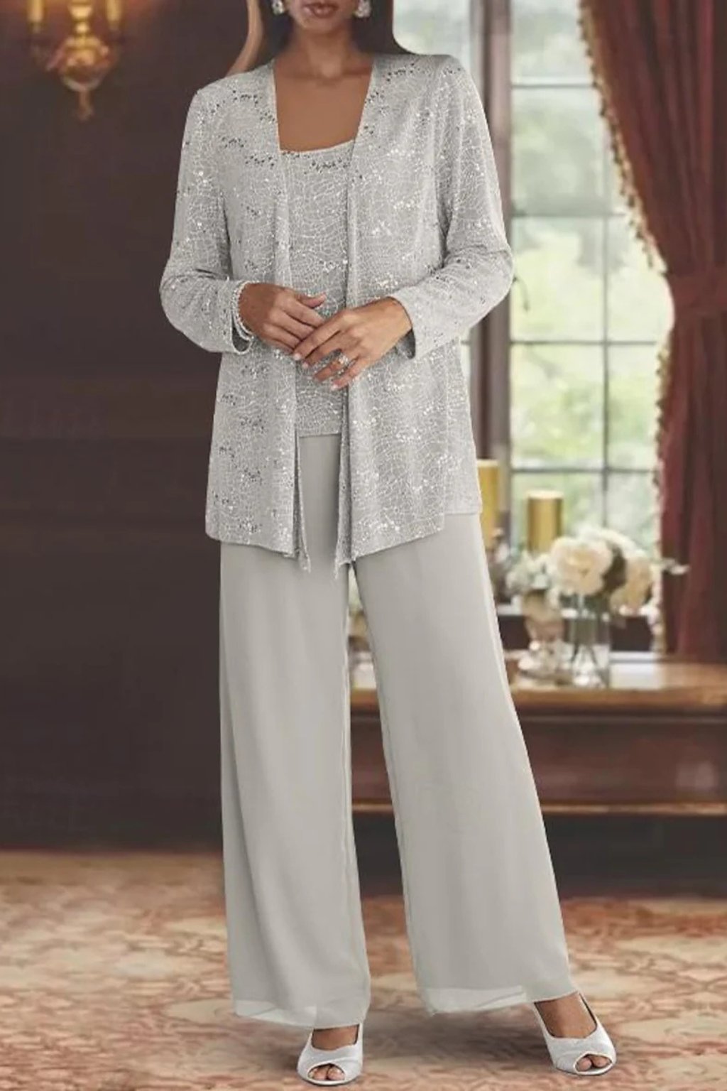 Women's Sequin Three-Piece Wide-Leg Pant Set