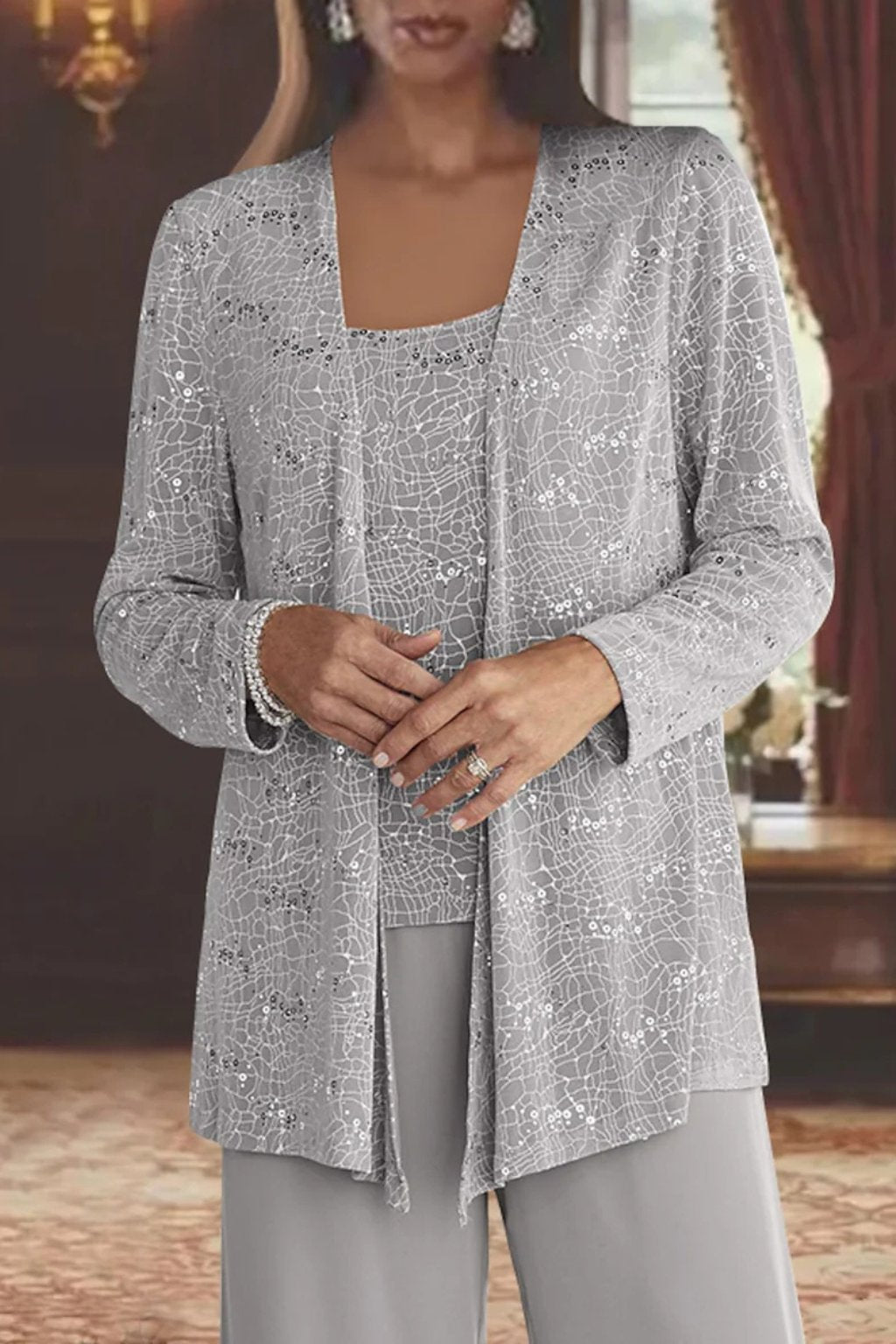 Women's Sequin Three-Piece Wide-Leg Pant Set