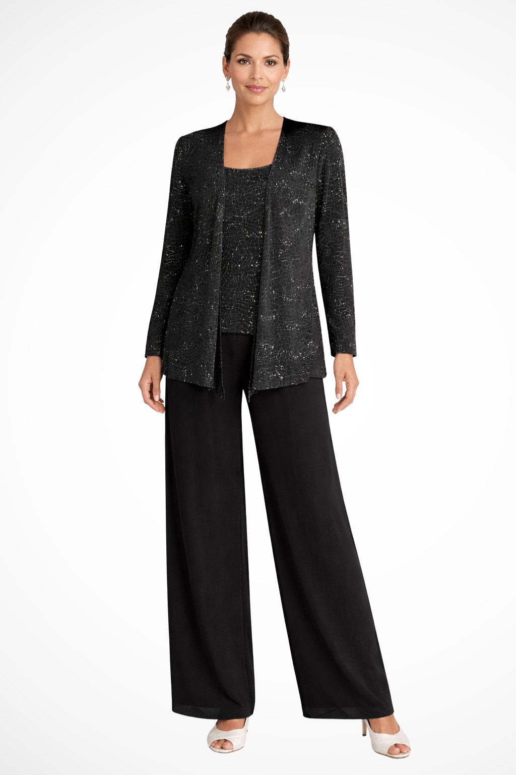 Women's Sequin Three-Piece Wide-Leg Pant Set - Black