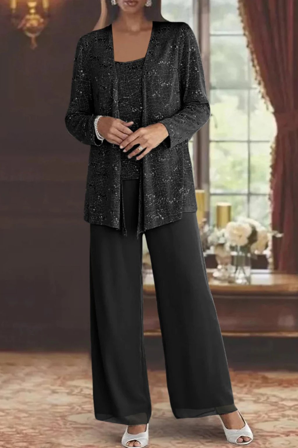 Women's Sequin Three-Piece Wide-Leg Pant Set