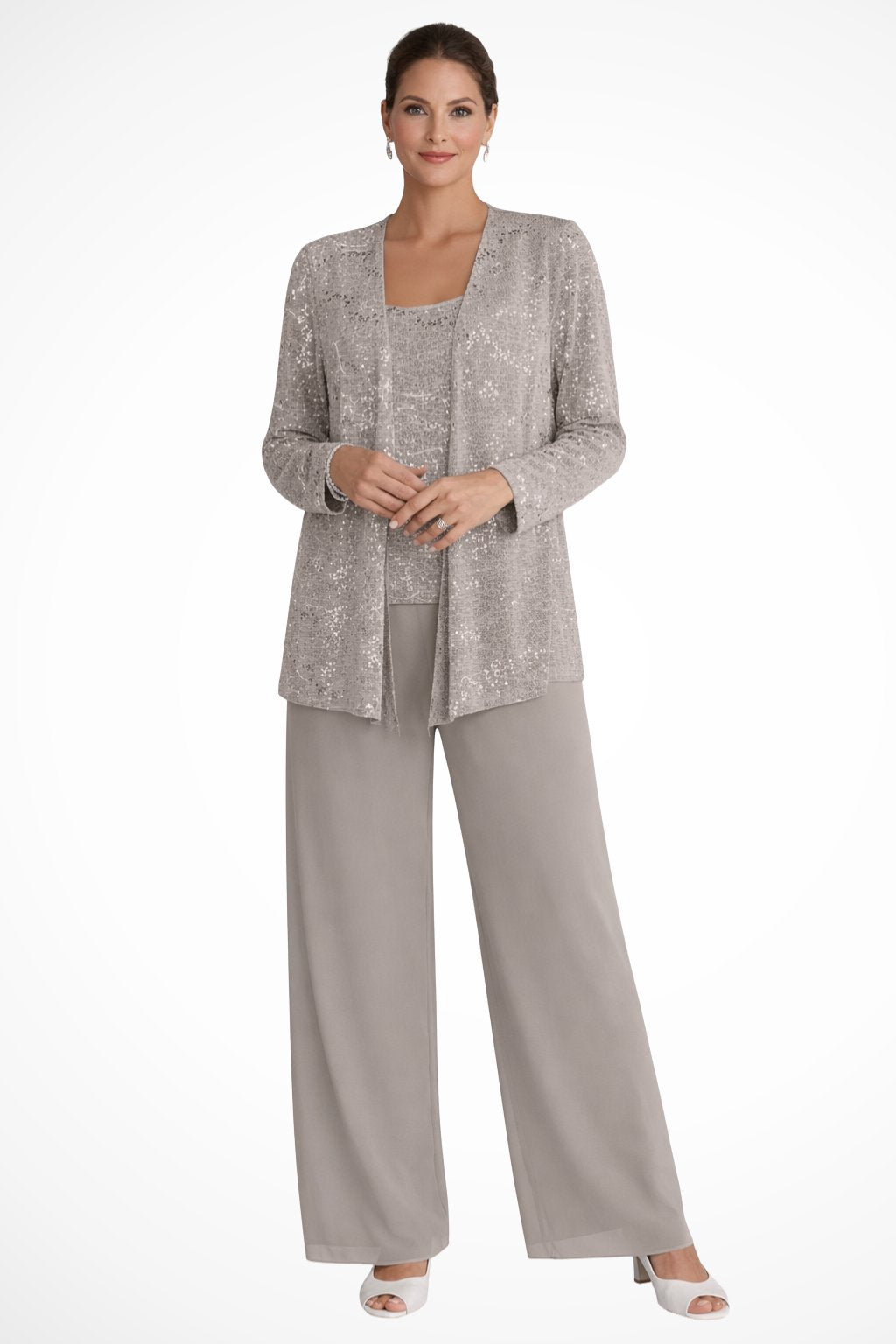 Women's Sequin Three-Piece Wide-Leg Pant Set - Beige