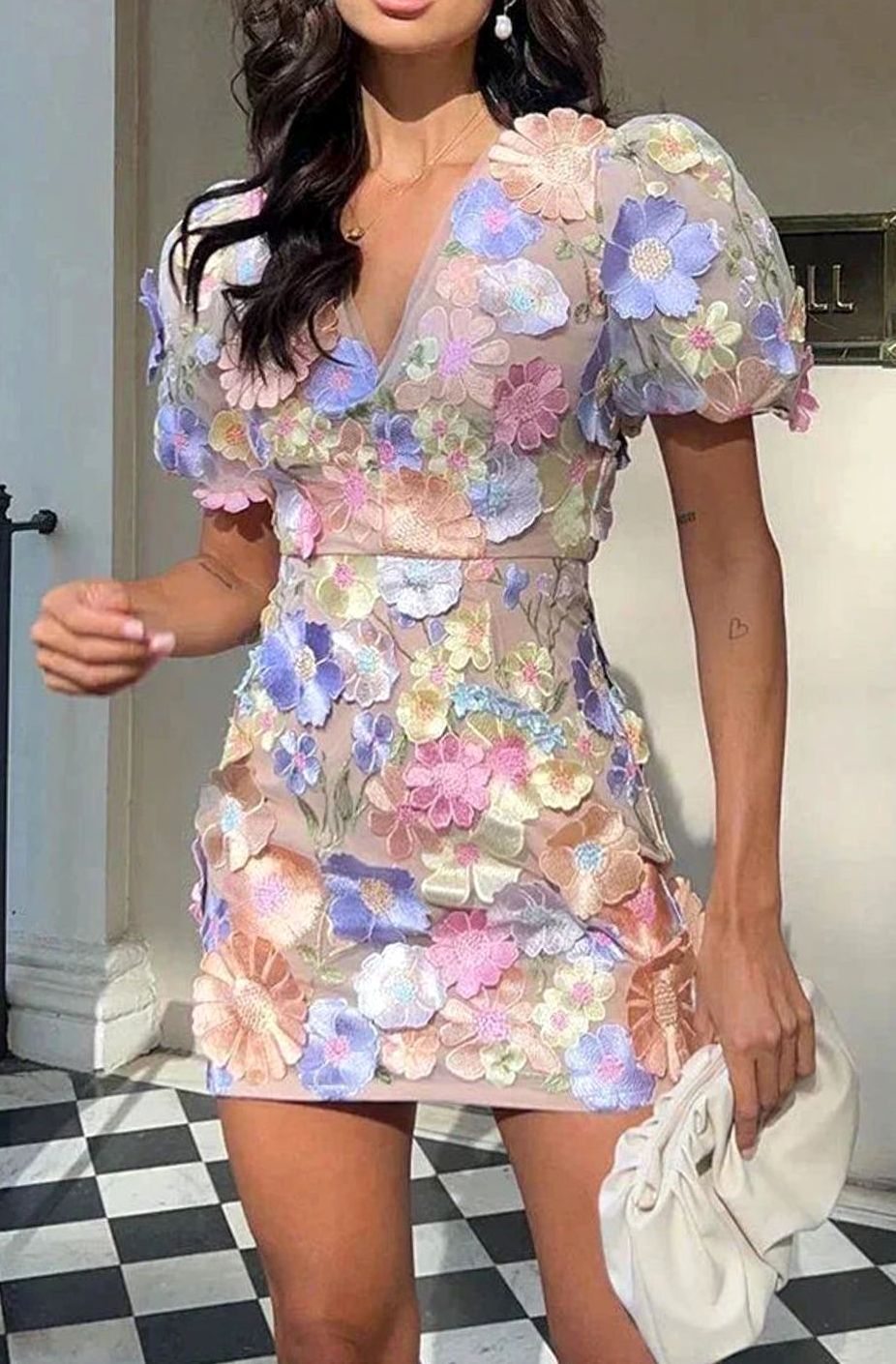 Women's Sheer Floral Applique Puff-Sleeve Mini Dress