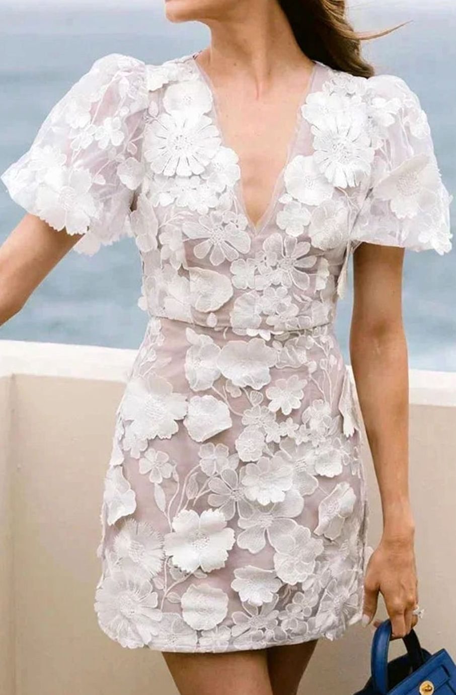 Women's Sheer Floral Mini Dress Puff-Sleeve V-Neck Party Dress