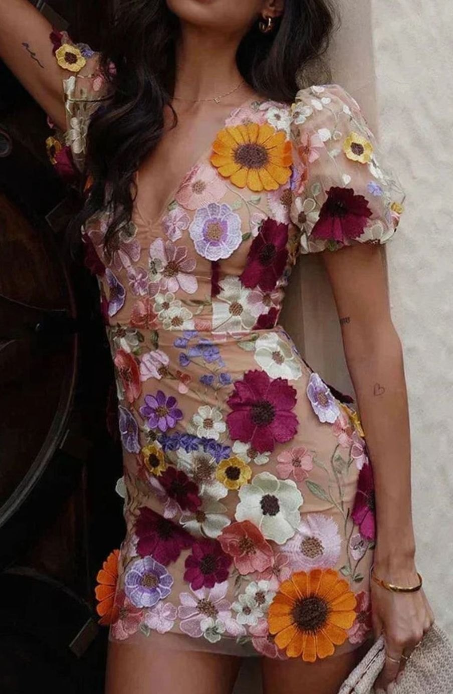 Women's Sheer Floral Mini Dress Puff-Sleeve V-Neck Party Dress - Multicolour