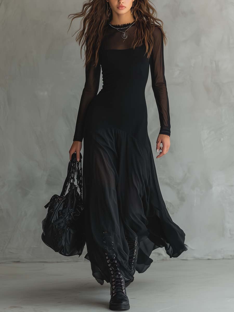 Women's Sheer Mesh Long-Sleeve Formal Dress Ruffled Maxi