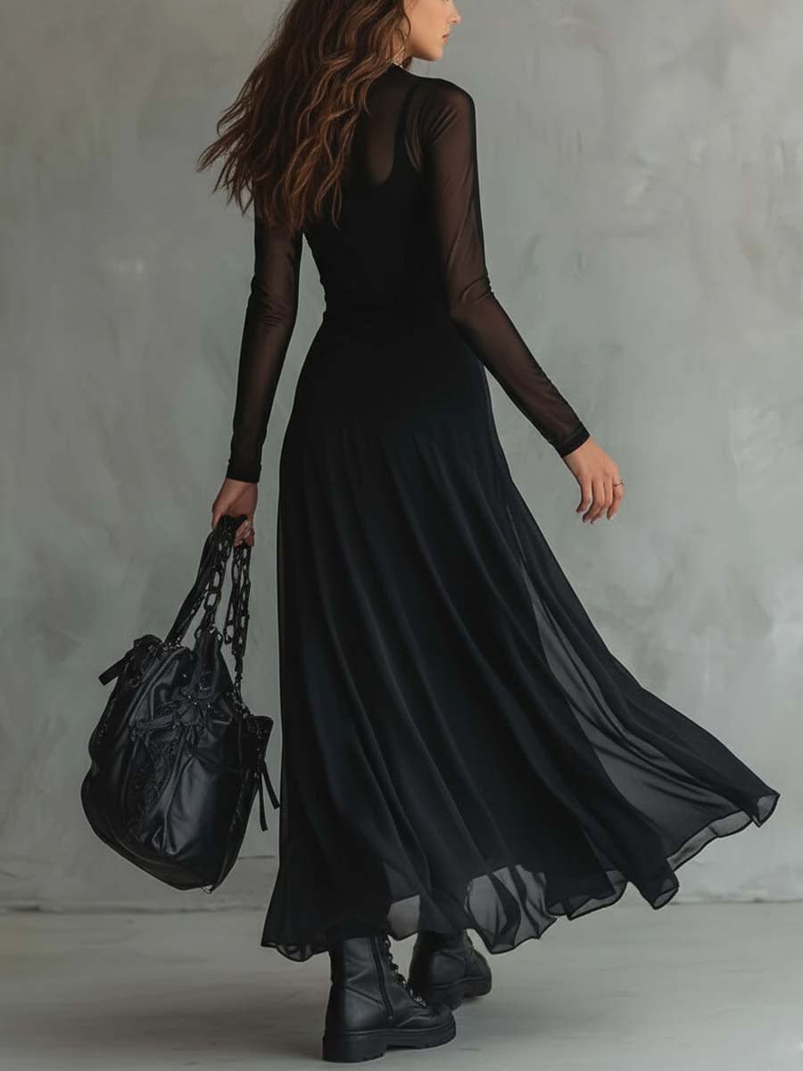 Women's Sheer Mesh Long-Sleeve Formal Dress Ruffled Maxi