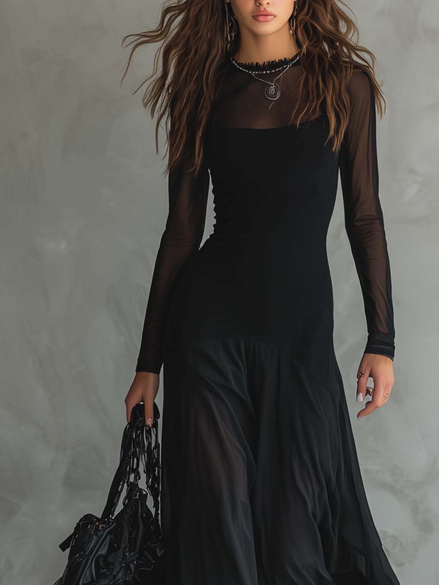 Women's Sheer Mesh Long-Sleeve Formal Dress Ruffled Maxi