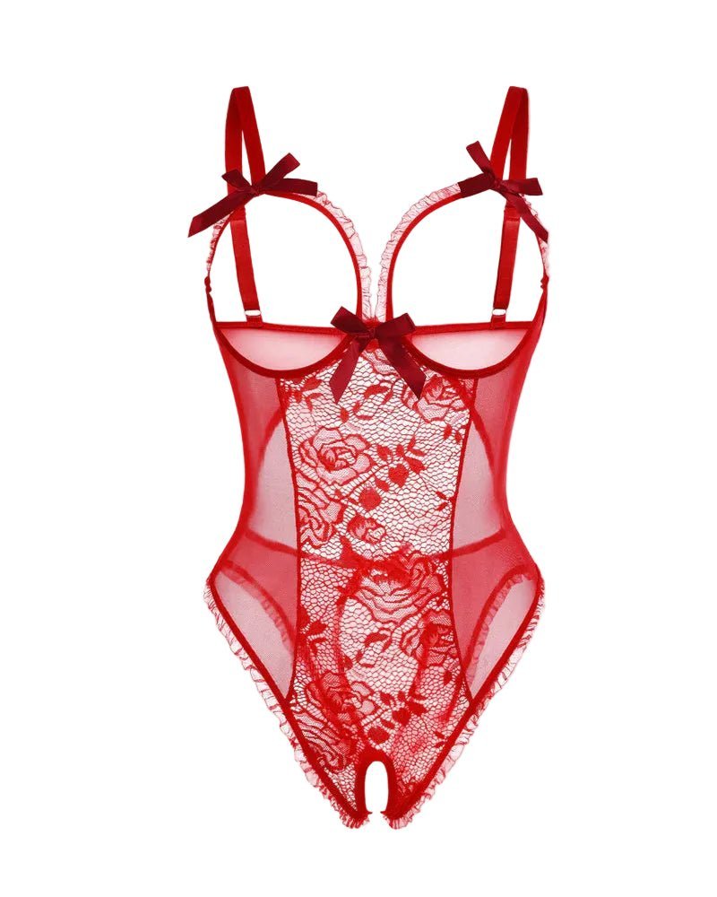 Women's Sheer Mesh Open-Crotch Bodysuit - Red