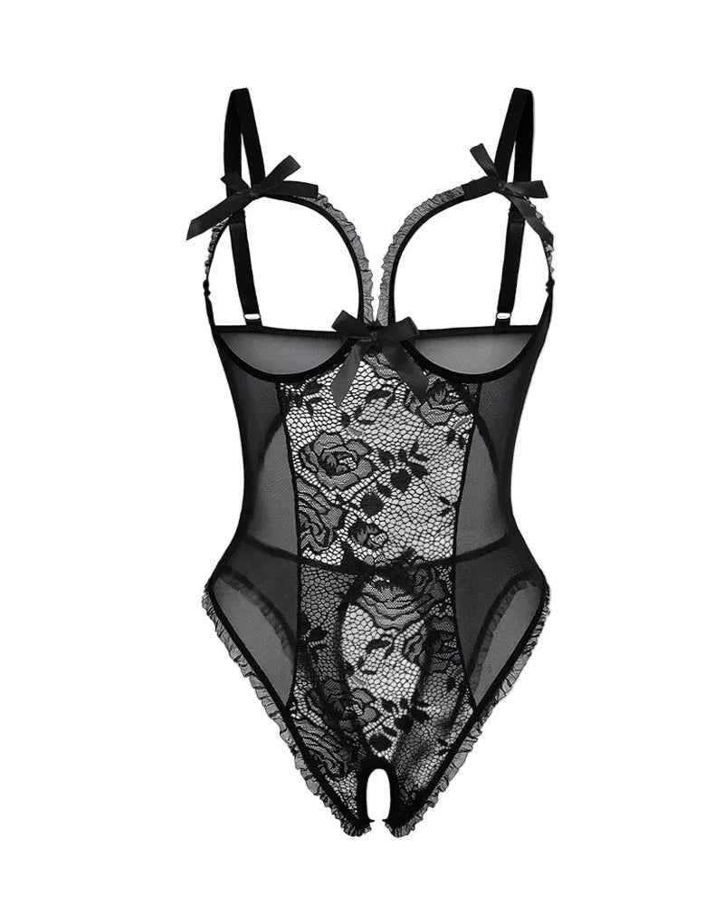 Women's Sheer Mesh Open-Crotch Bodysuit - Black