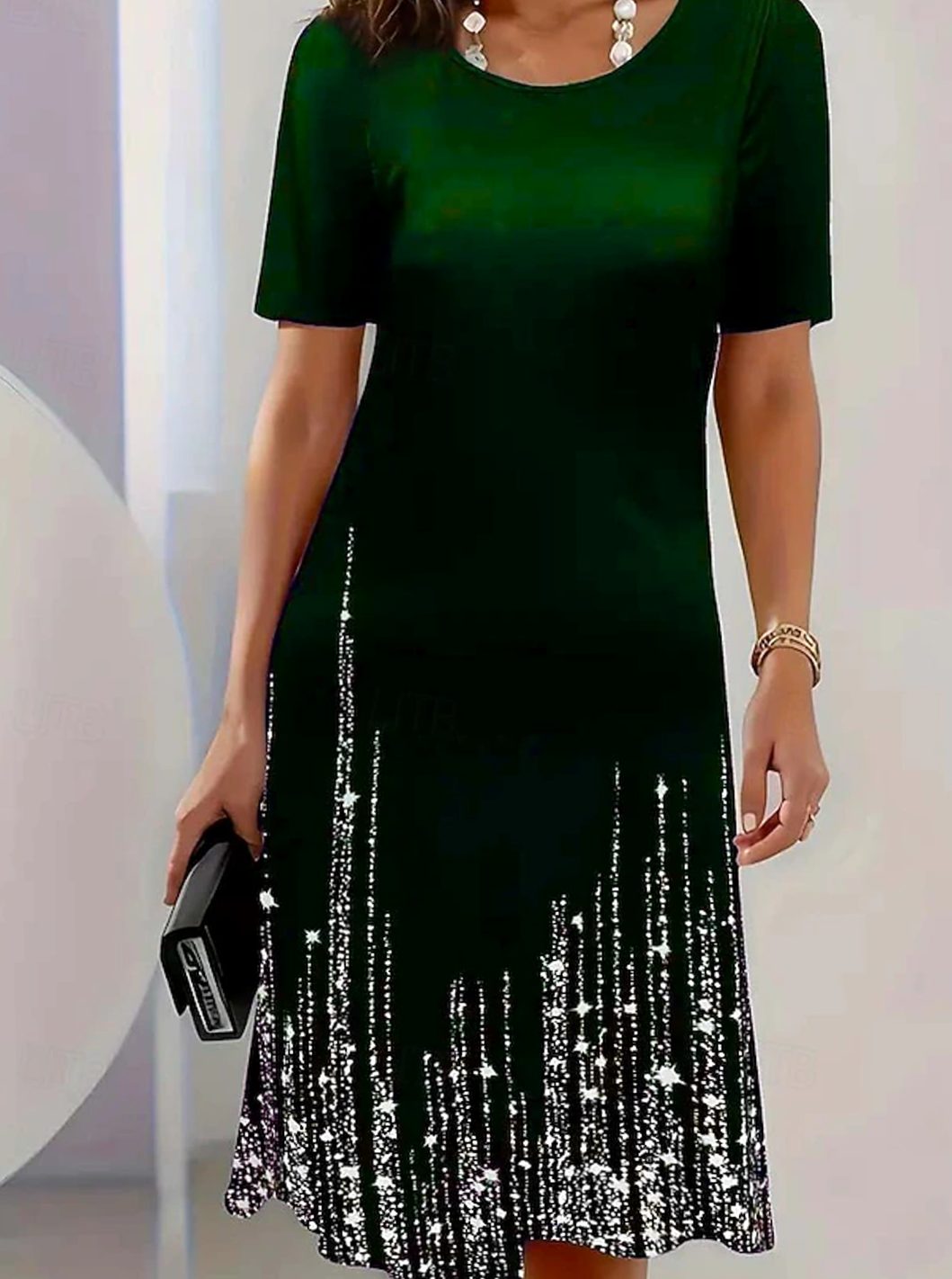 Women's Shimmer-Hem Round-Neck Short-Sleeve Midi Dress - Green