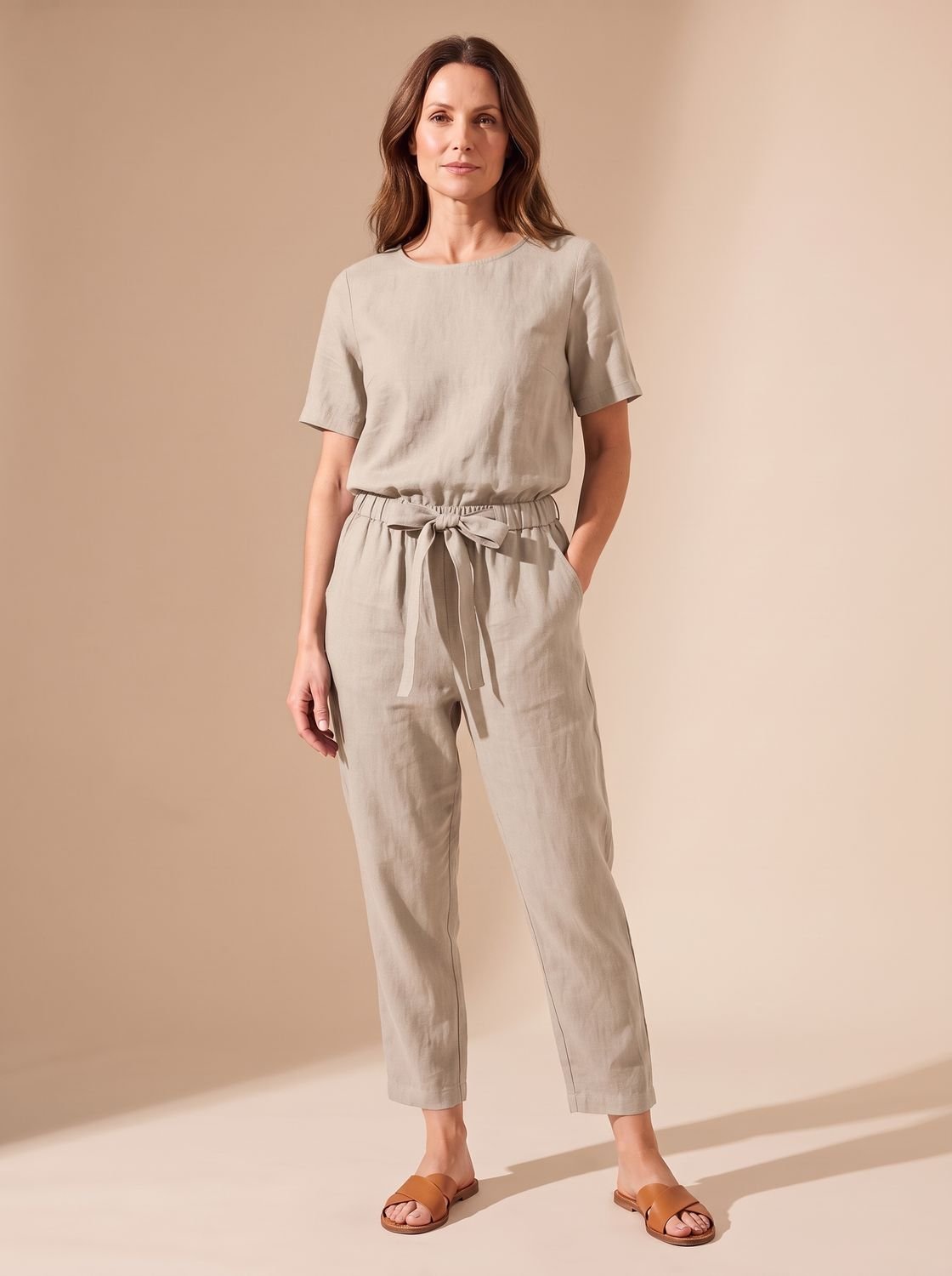 Women's Short-Sleeve Belted Linen-Look Casual Jumpsuit - Khaki