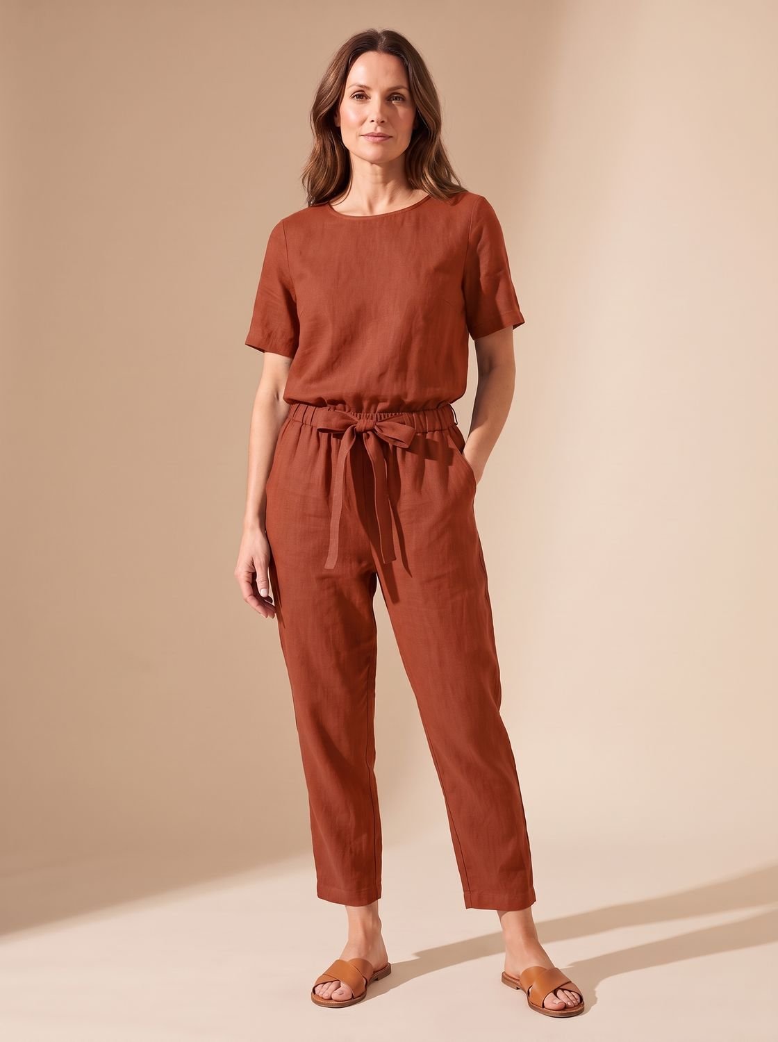 Women's Short-Sleeve Belted Linen-Look Casual Jumpsuit - Brown