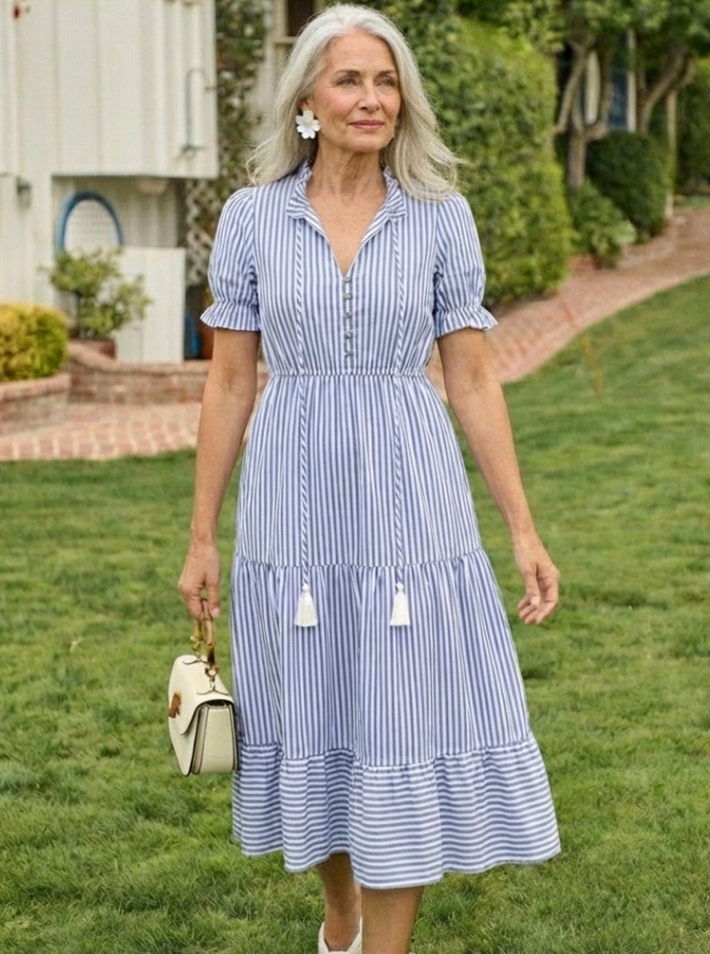 Women's Short-Sleeve Striped Tiered Midi Spring Dress