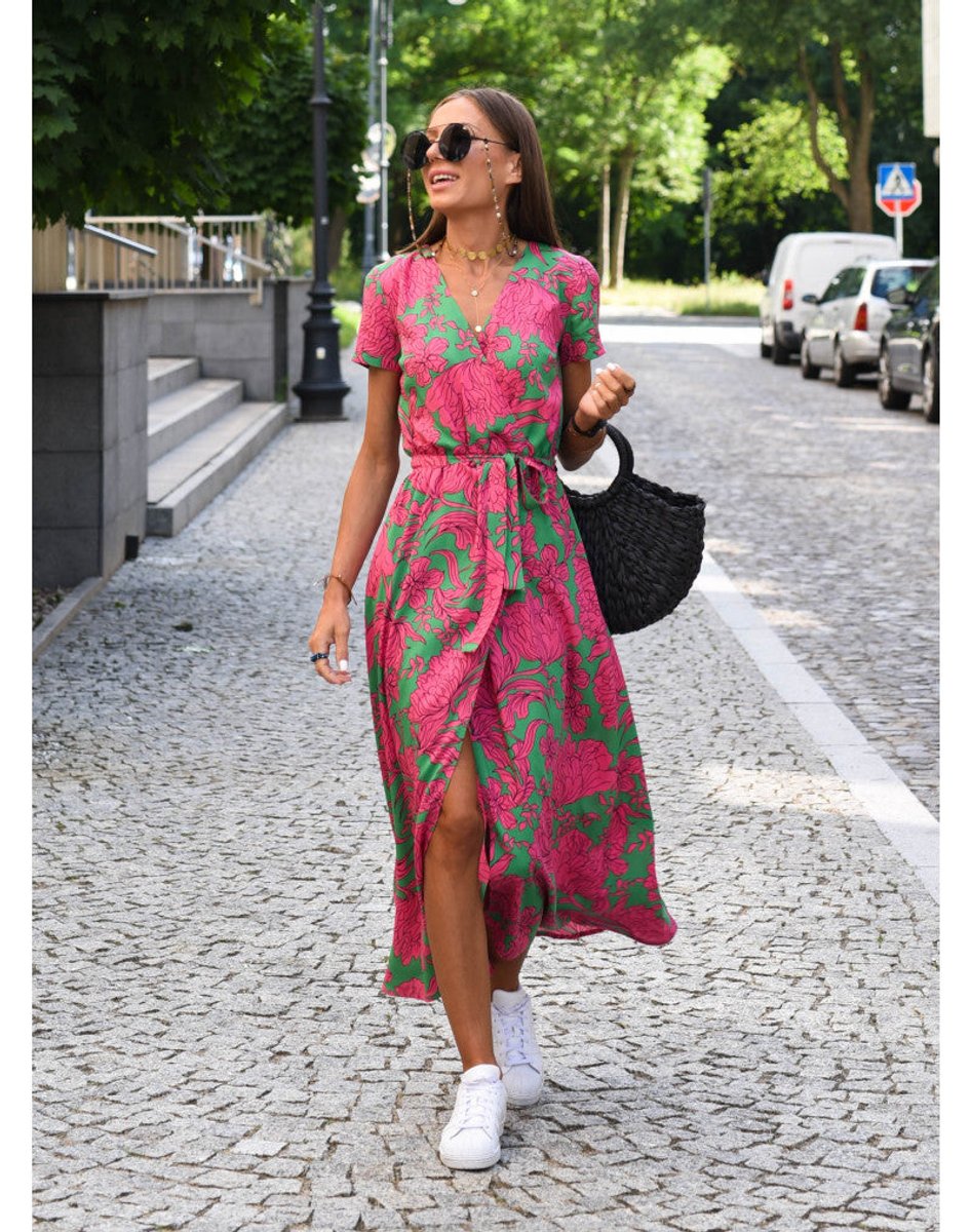 Women's Short-Sleeve V-Neck Wrap Floral Dress Midi - Pink