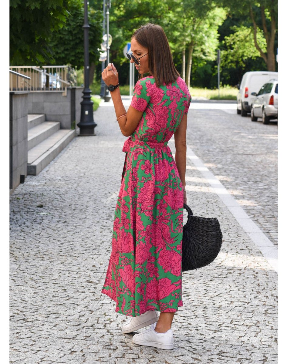 Women's Short-Sleeve V-Neck Wrap Floral Dress Midi