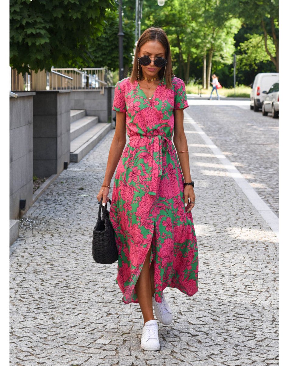 Women's Short-Sleeve V-Neck Wrap Floral Dress Midi