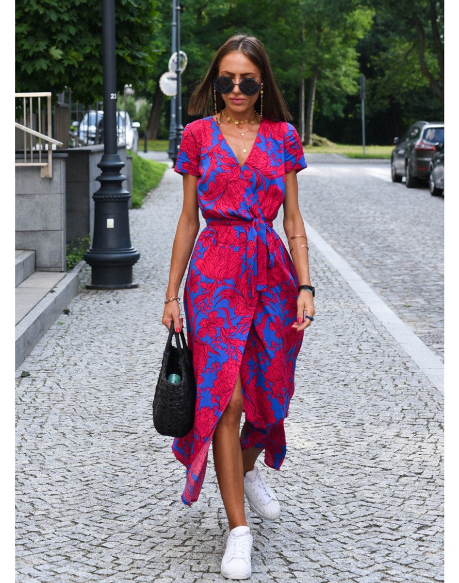Women's Short-Sleeve V-Neck Wrap Floral Dress Midi - Blue