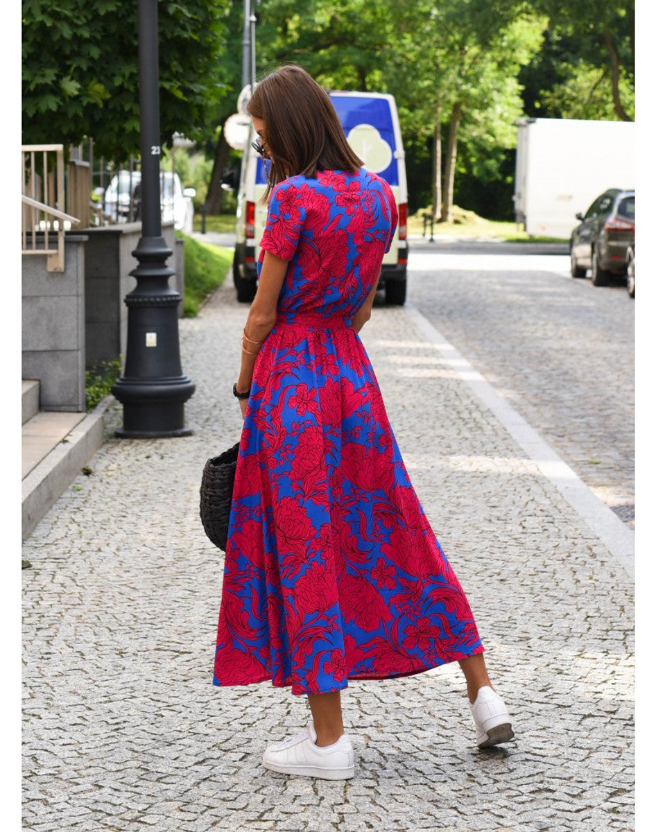 Women's Short-Sleeve V-Neck Wrap Floral Dress Midi