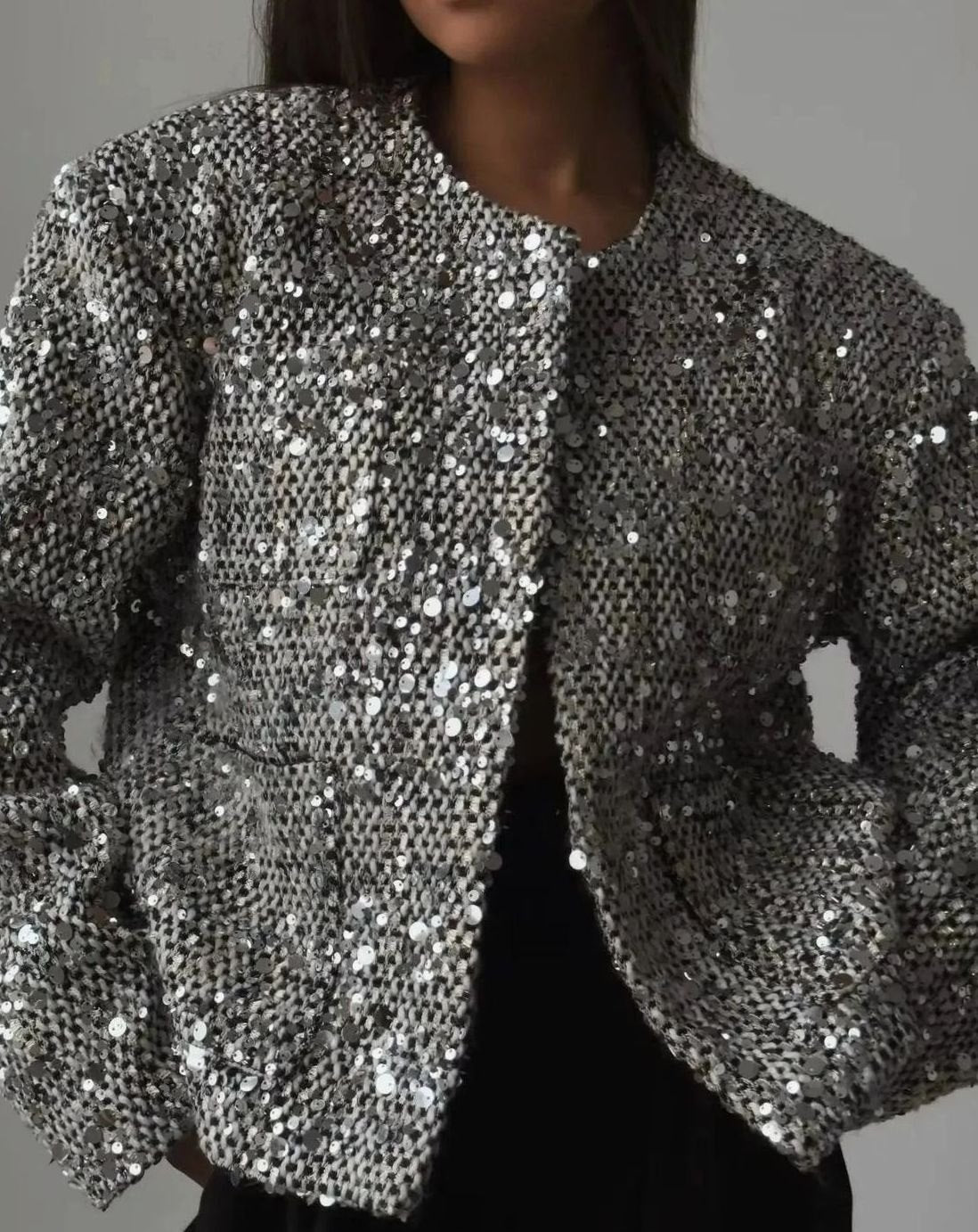 Women's Silver Sequin Cropped Blazer for Dress - Silver
