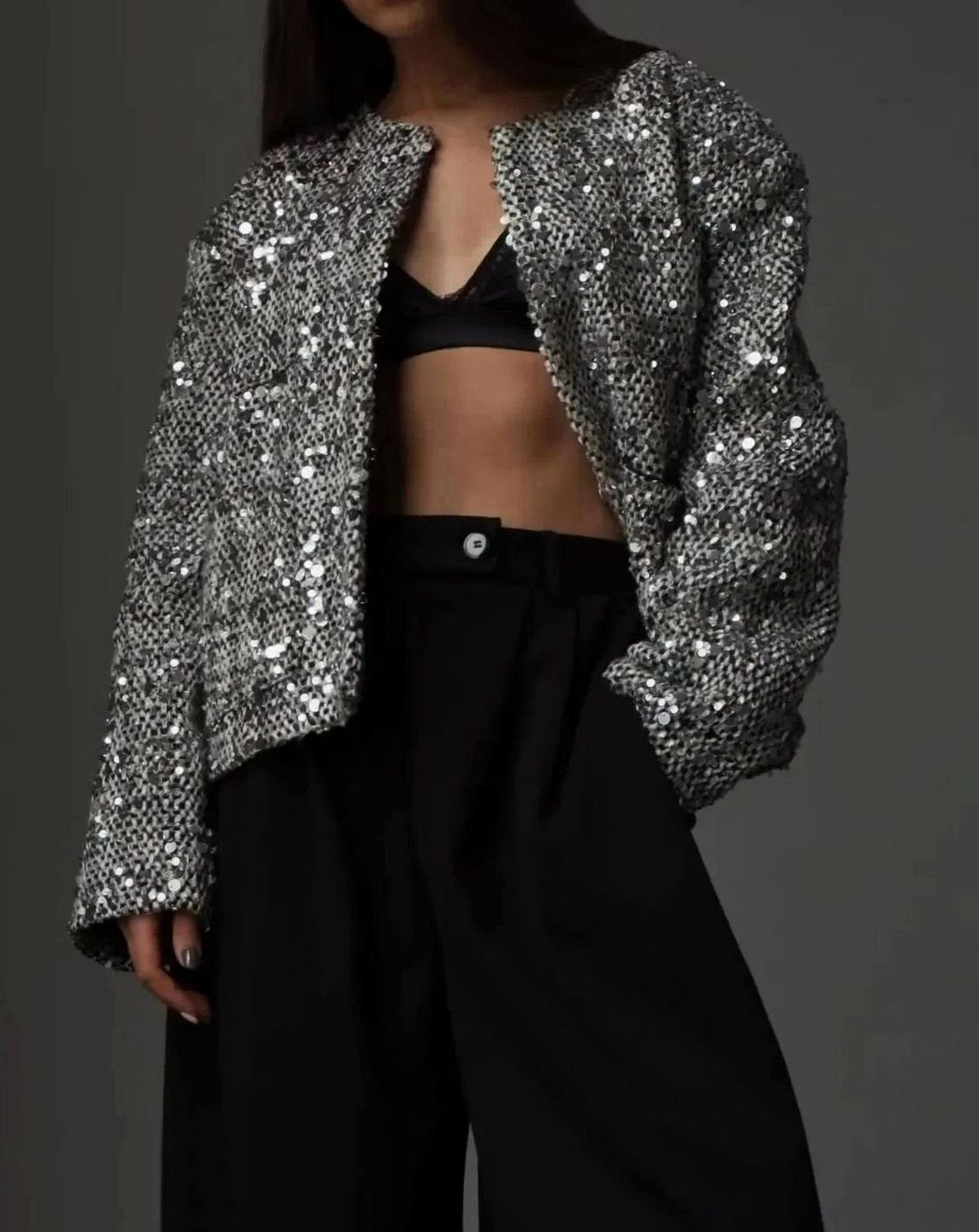 Women's Silver Sequin Cropped Blazer for Dress
