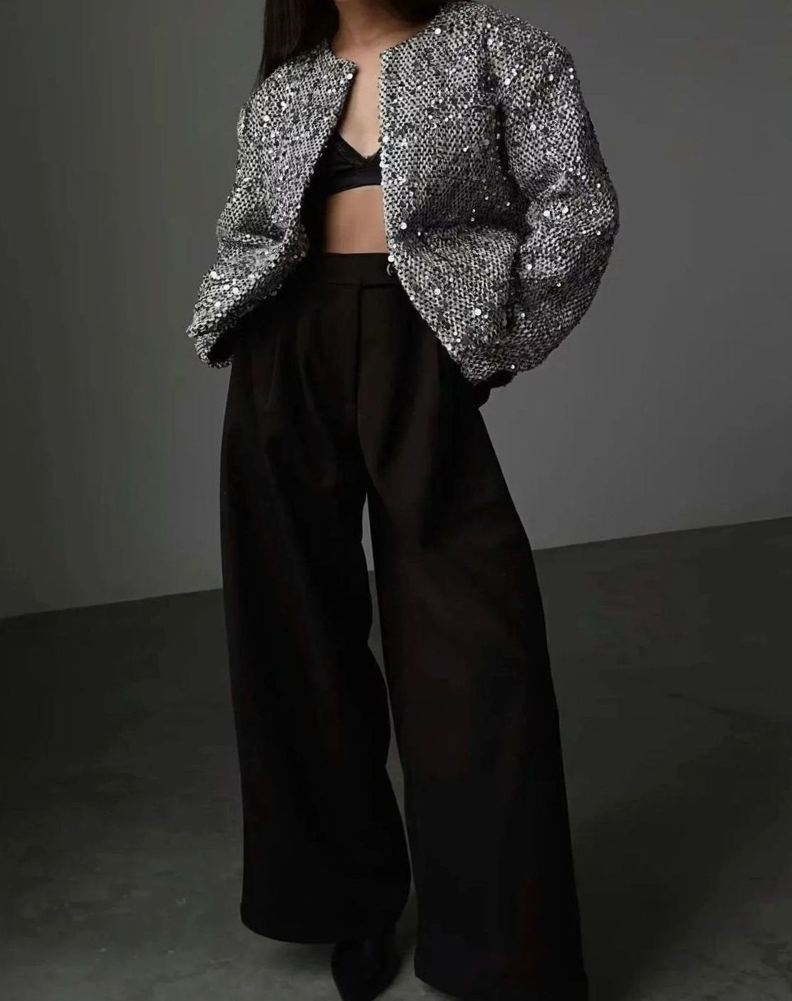 Women's Silver Sequin Cropped Blazer for Dress