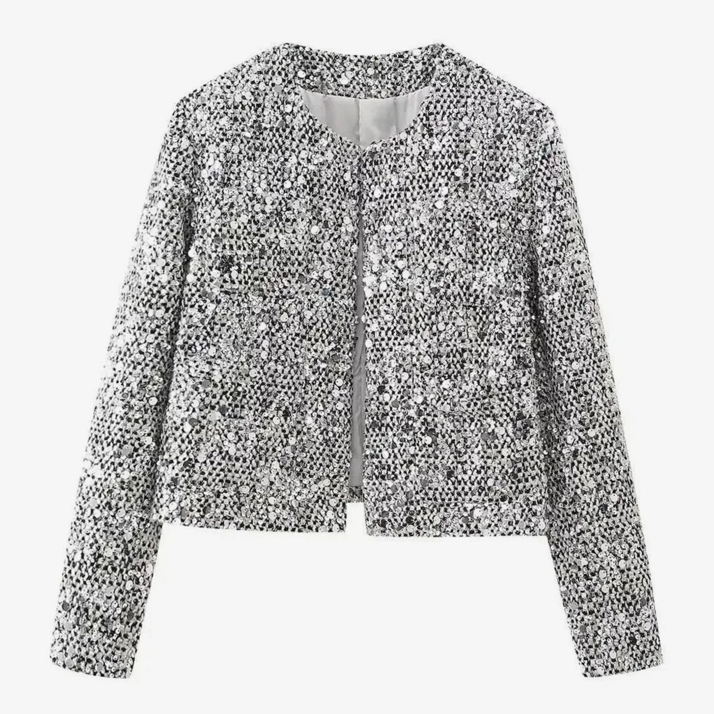 Women's Silver Sequin Cropped Blazer for Dress