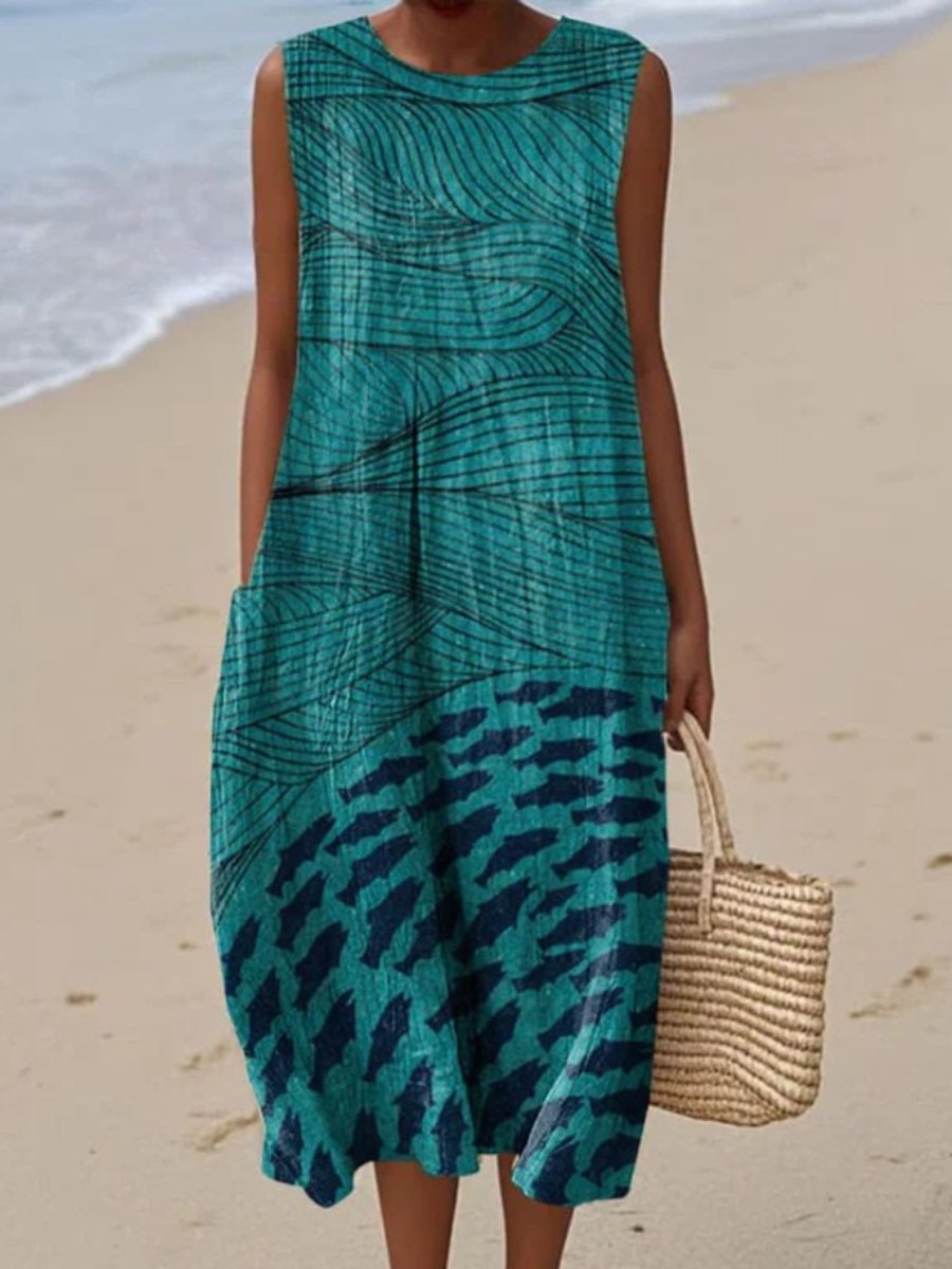 Women's Sleeveless Abstract Print Relaxed Midi Dress