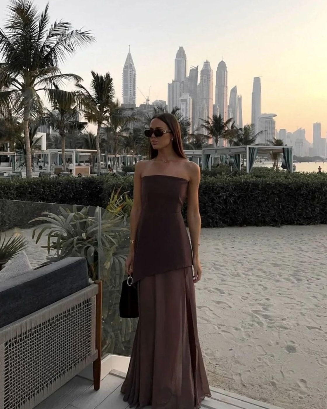 Women's Sleeveless Asymmetric Bustier Wedding Guest Maxi Dress - Brown