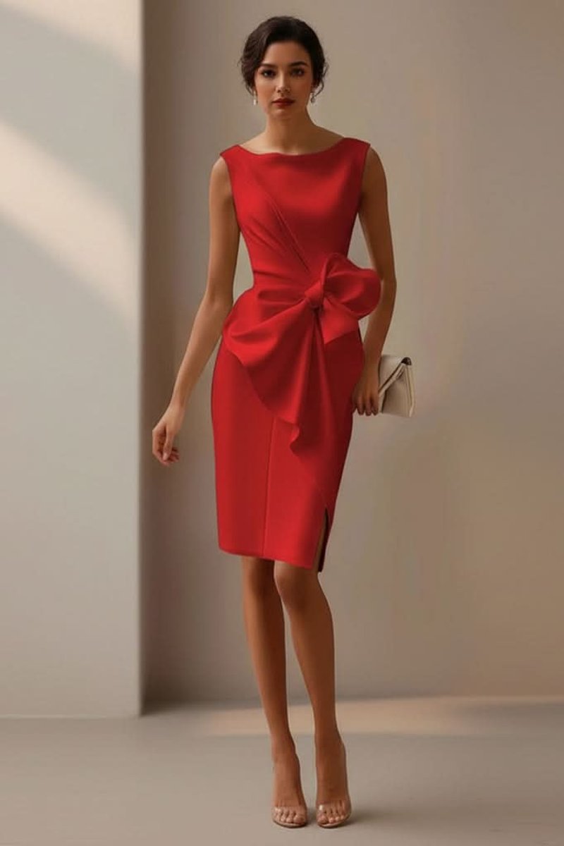 Women's Sleeveless Bow-Detail Midi Cocktail Dress - Red