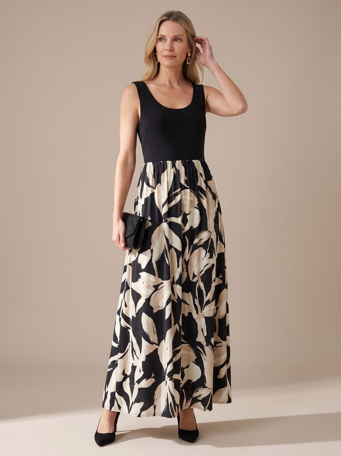 Women's Sleeveless Contrast-Bodice Formal Maxi Dress Abstract Print Skirt - Black