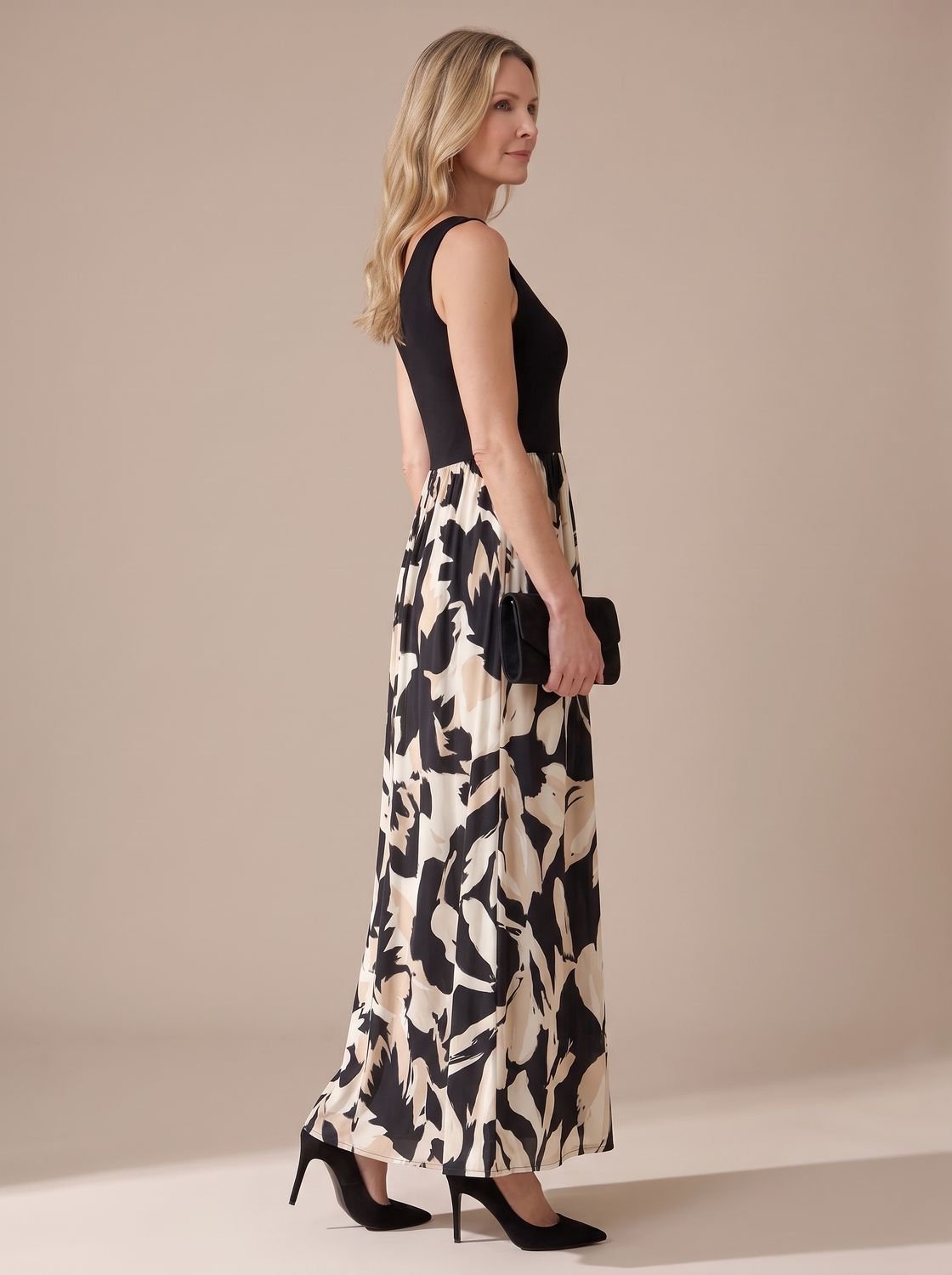 Women's Sleeveless Contrast-Bodice Formal Maxi Dress Abstract Print Skirt