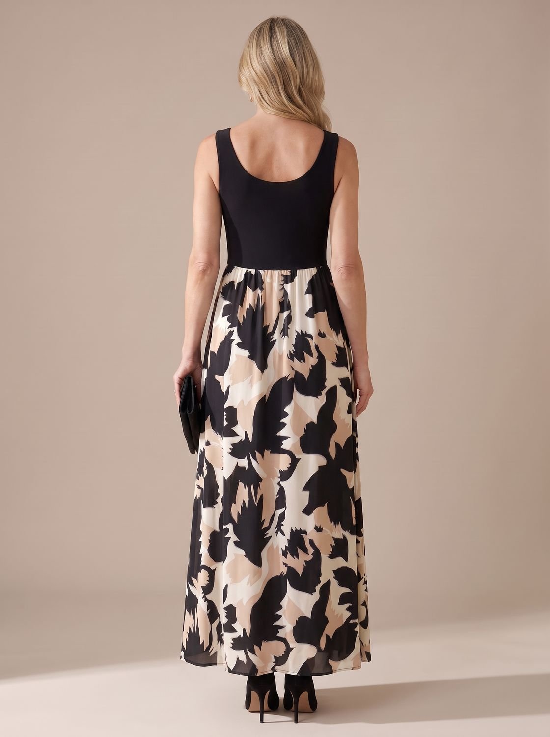 Women's Sleeveless Contrast-Bodice Formal Maxi Dress Abstract Print Skirt