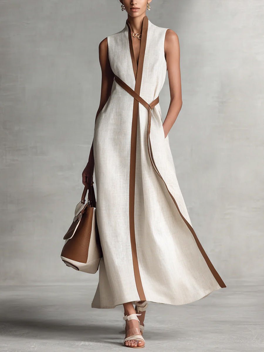Women's Sleeveless Contrast-Trim Maxi V Neck Dress - White