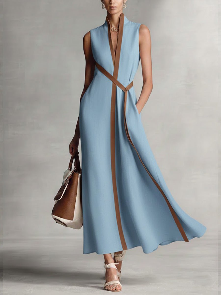 Women's Sleeveless Contrast-Trim Maxi V Neck Dress - Blue