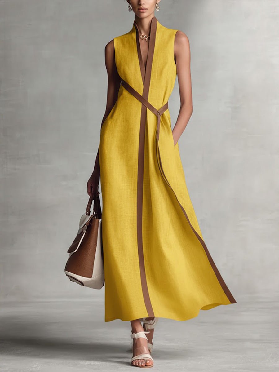 Women's Sleeveless Contrast-Trim Maxi V Neck Dress - Yellow