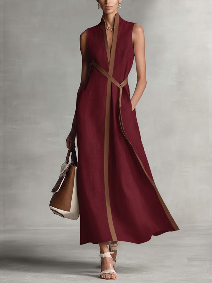 Women's Sleeveless Contrast-Trim Maxi V Neck Dress - Burgundy