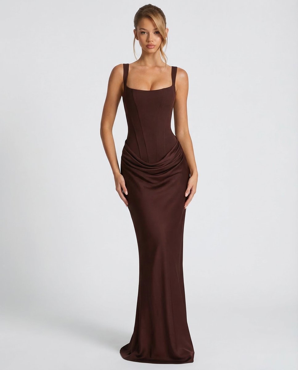 Women's Sleeveless Corset-Bodice Draped Maxi Summer Dress Jumpsuit - Dark Brown