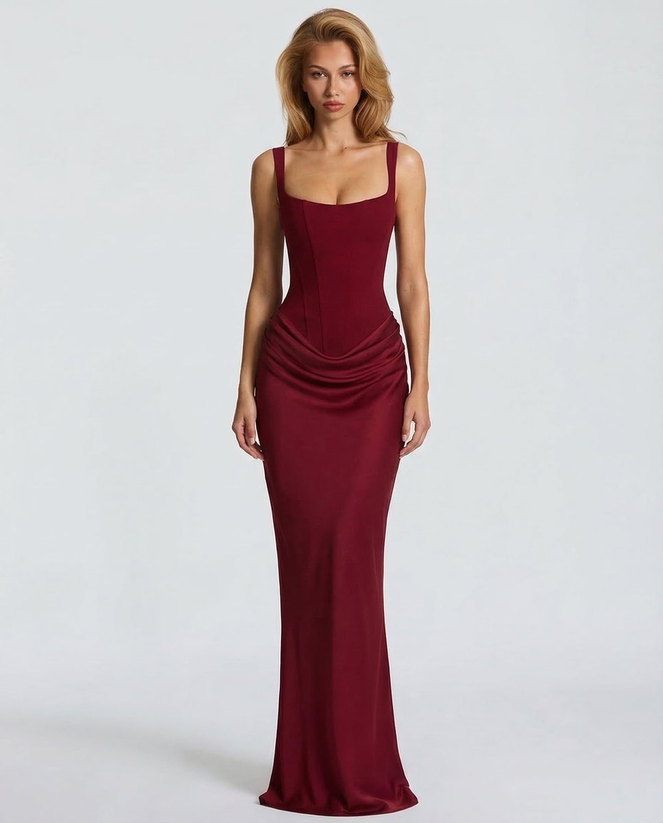 Women's Sleeveless Corset-Bodice Draped Maxi Summer Dress Jumpsuit - Red