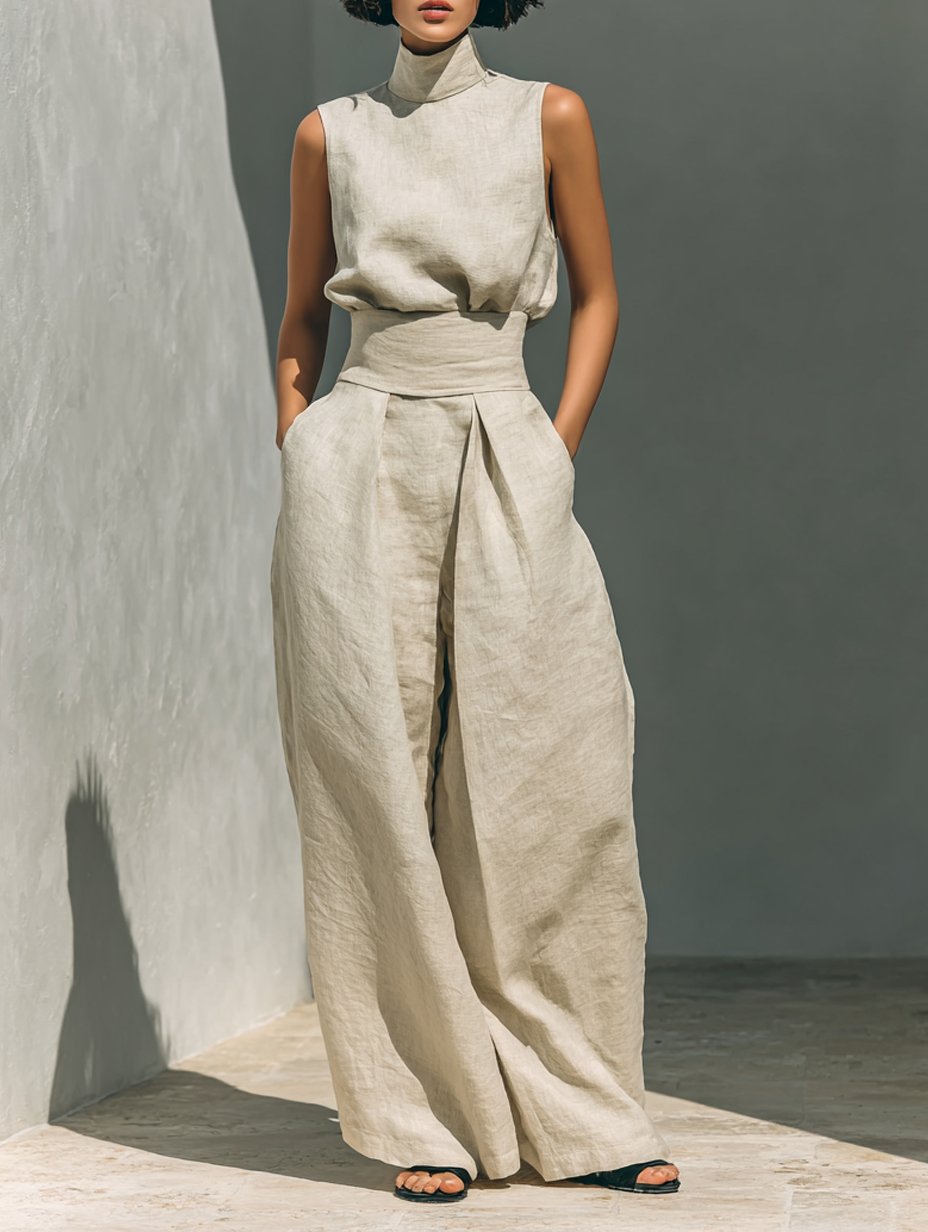 Women's Sleeveless Cotton-Linen High-Neck Wide-Leg Two-Piece Set - Khaki