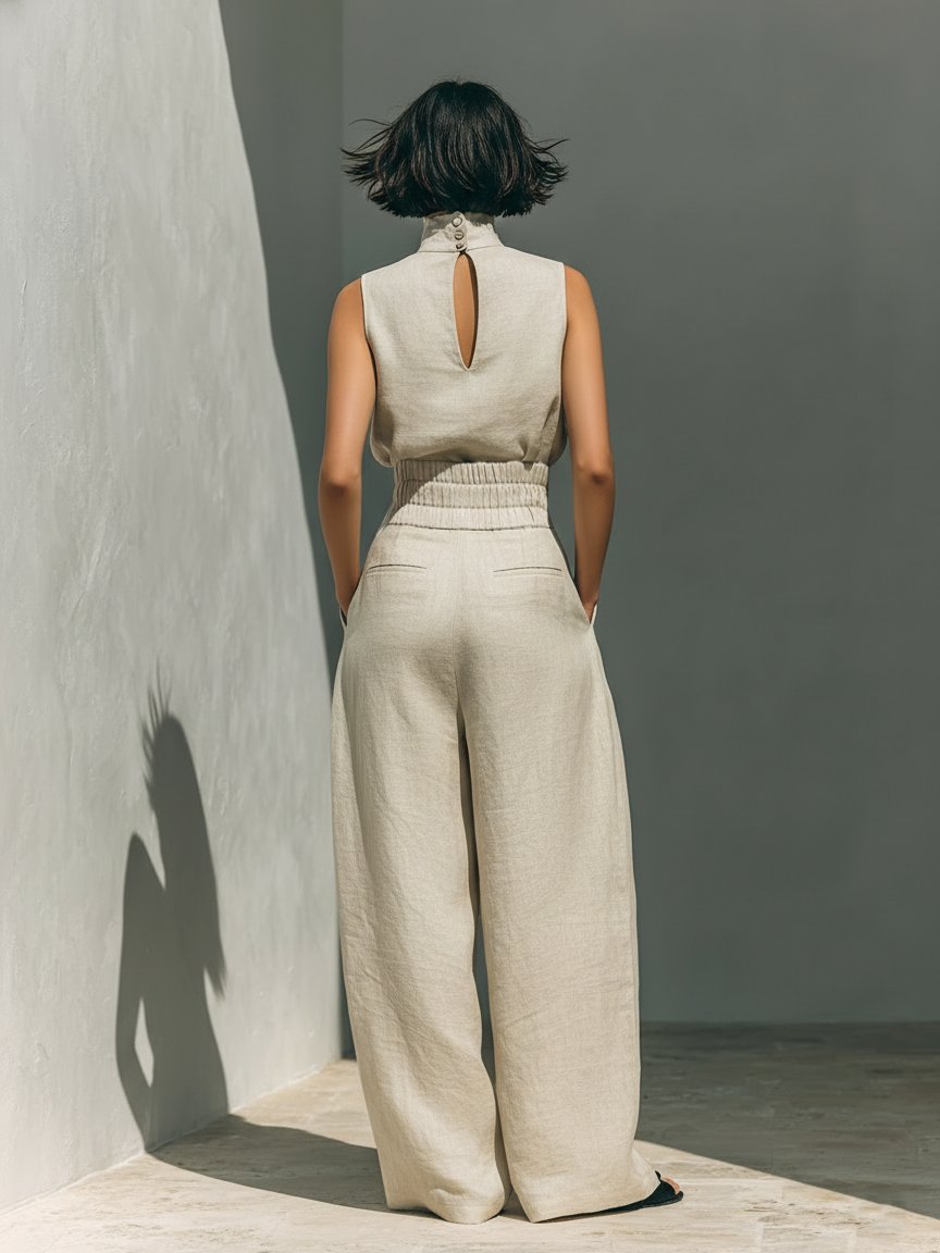 Women's Sleeveless Cotton-Linen High-Neck Wide-Leg Two-Piece Set
