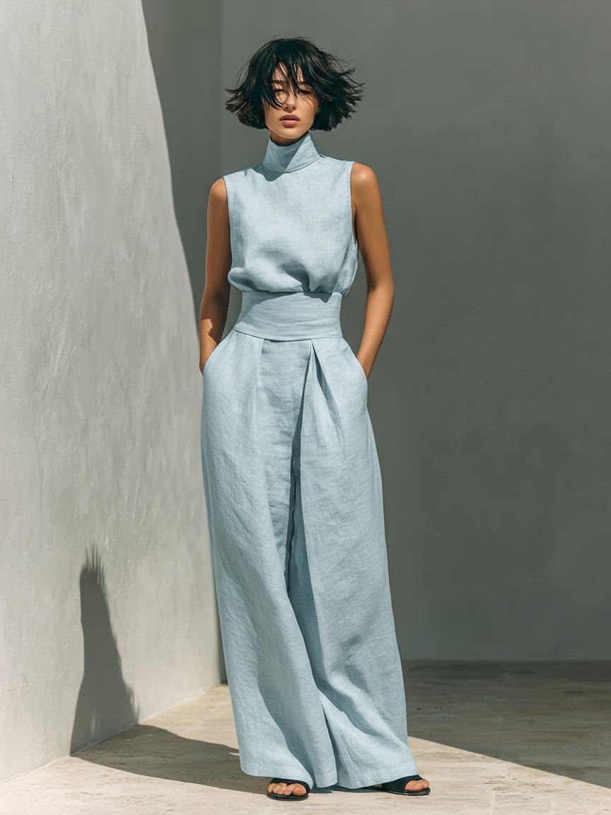 Women's Sleeveless Cotton-Linen High-Neck Wide-Leg Two-Piece Set - Light Blue