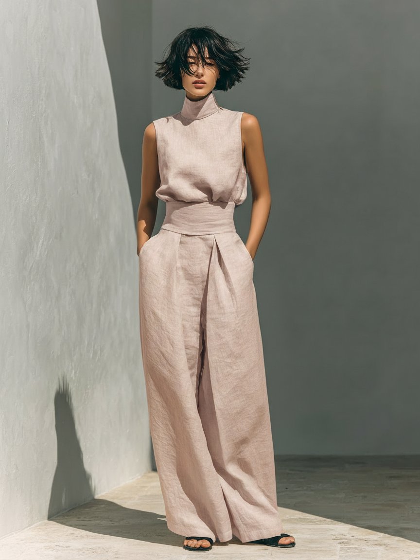 Women's Sleeveless Cotton-Linen High-Neck Wide-Leg Two-Piece Set - Light Pink