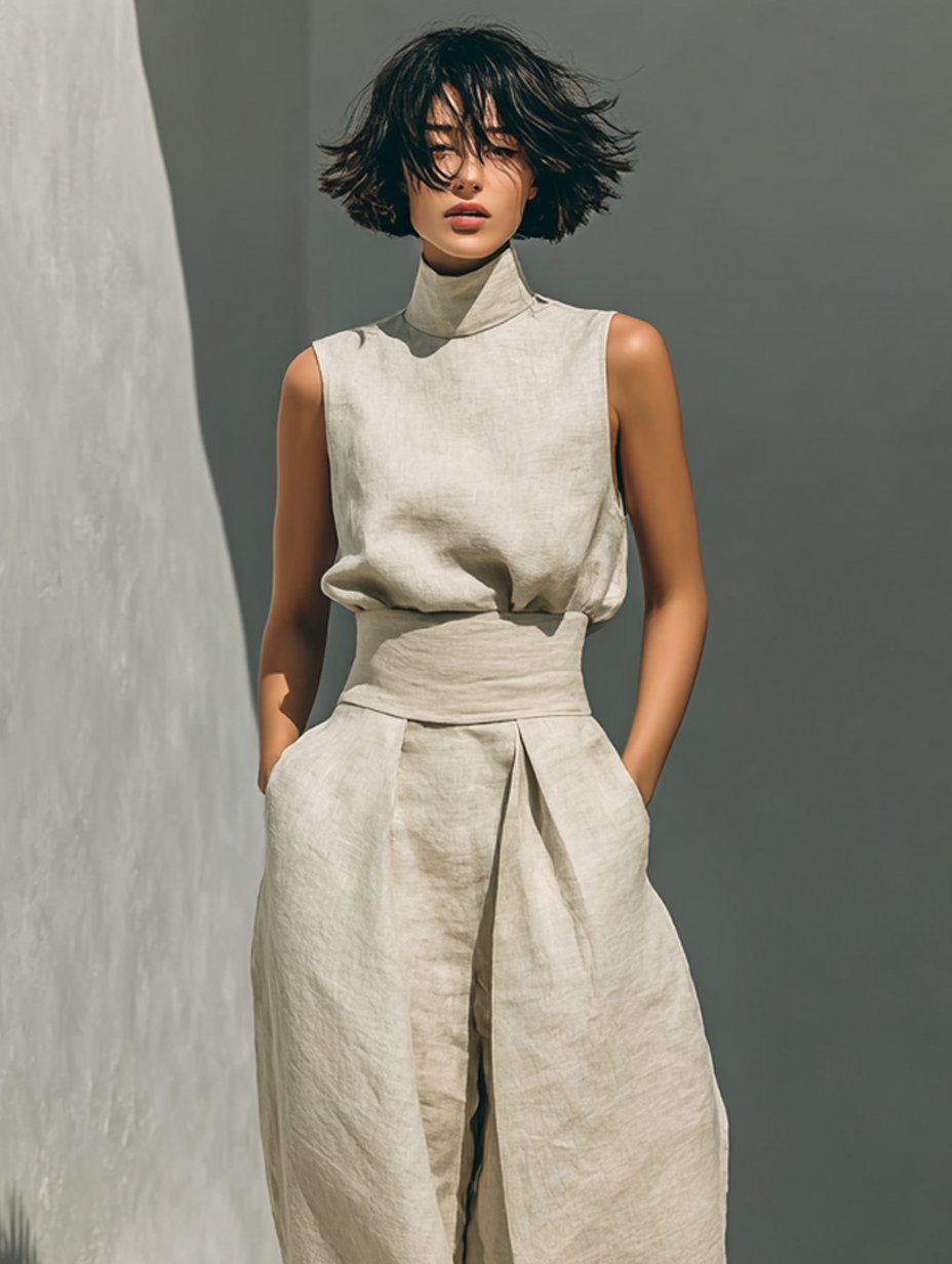 Women's Sleeveless Cotton-Linen High-Neck Wide-Leg Two-Piece Set