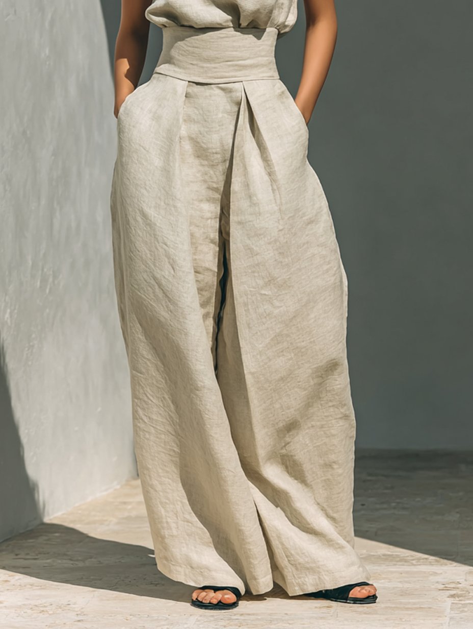 Women's Sleeveless Cotton-Linen High-Neck Wide-Leg Two-Piece Set