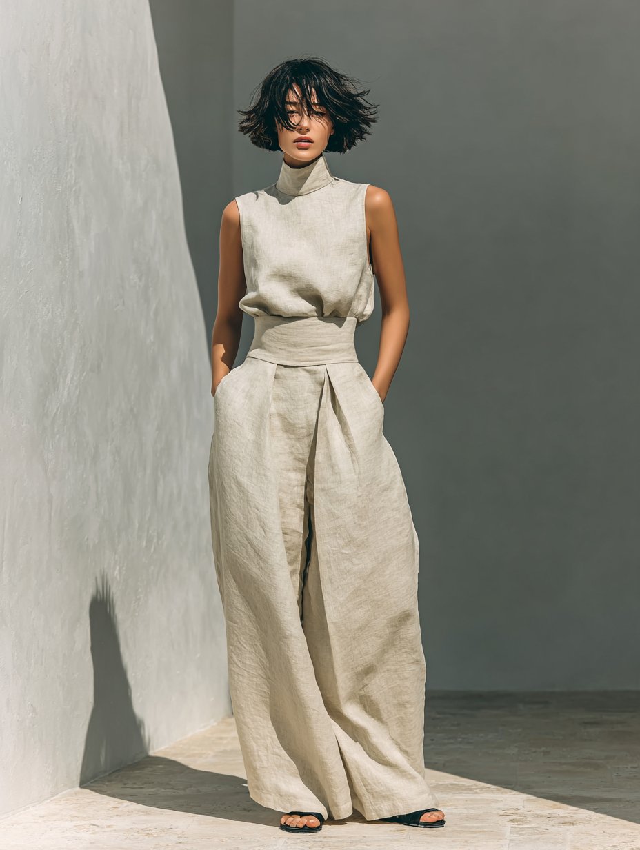 Women's Sleeveless Cotton-Linen High-Neck Wide-Leg Two-Piece Set