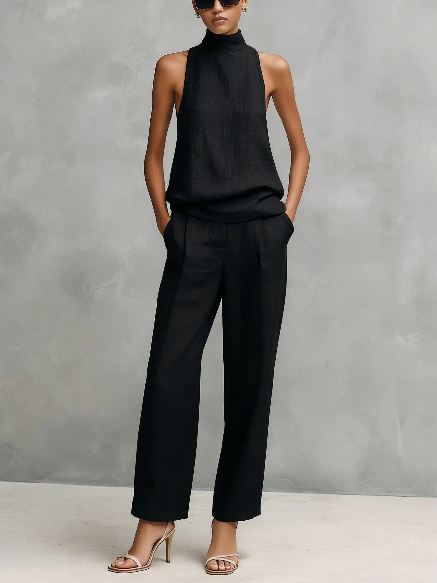 Women's Sleeveless Cotton-Linen Two-Piece Set - Black