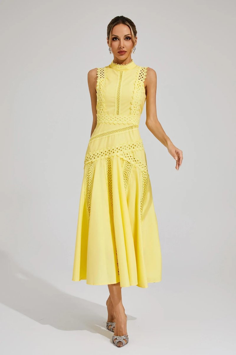 Women's Sleeveless Cutwork Lace-Panel Midi Wedding Guest Dress - Yellow