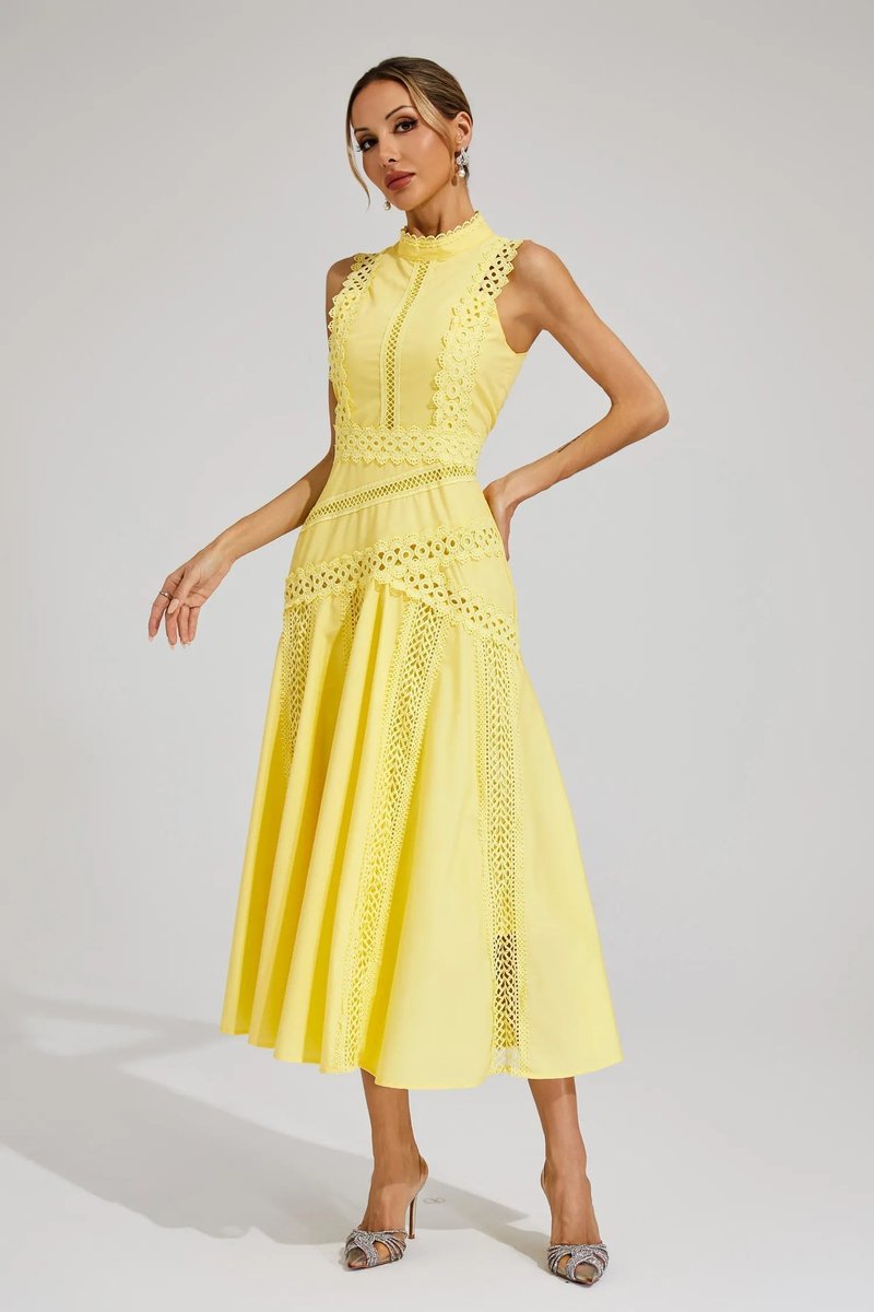 Women's Sleeveless Cutwork Lace-Panel Midi Wedding Guest Dress