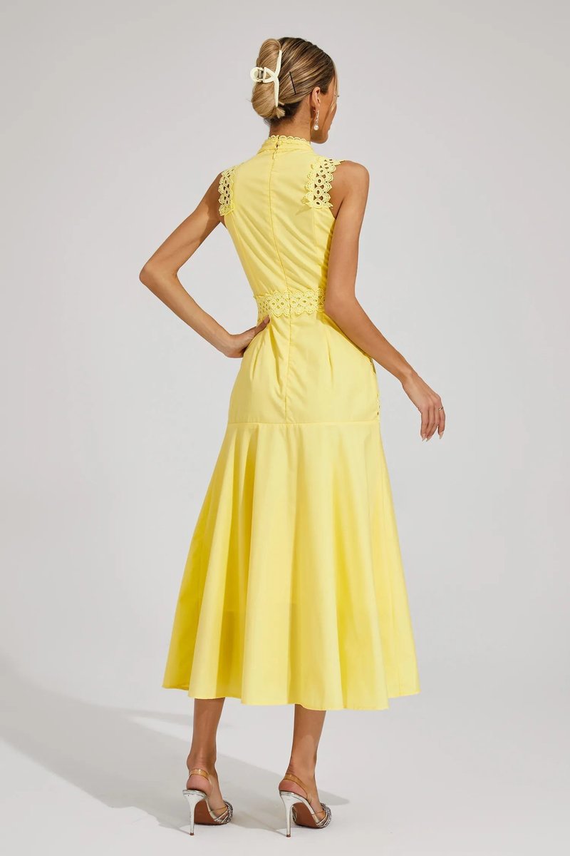 Women's Sleeveless Cutwork Lace-Panel Midi Wedding Guest Dress
